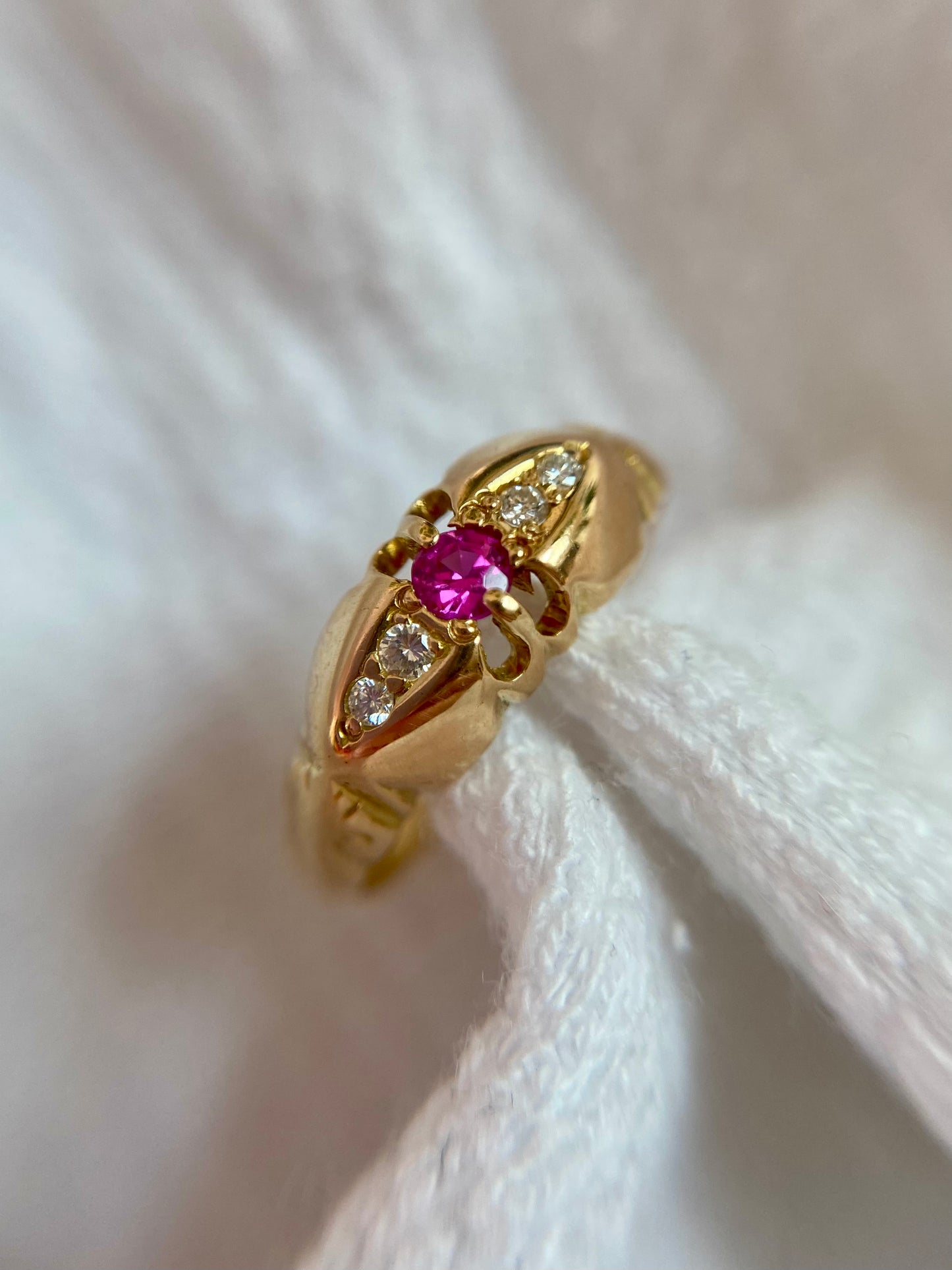 Antique 18ct Gold Pink Topaz + Diamond Boat Ring