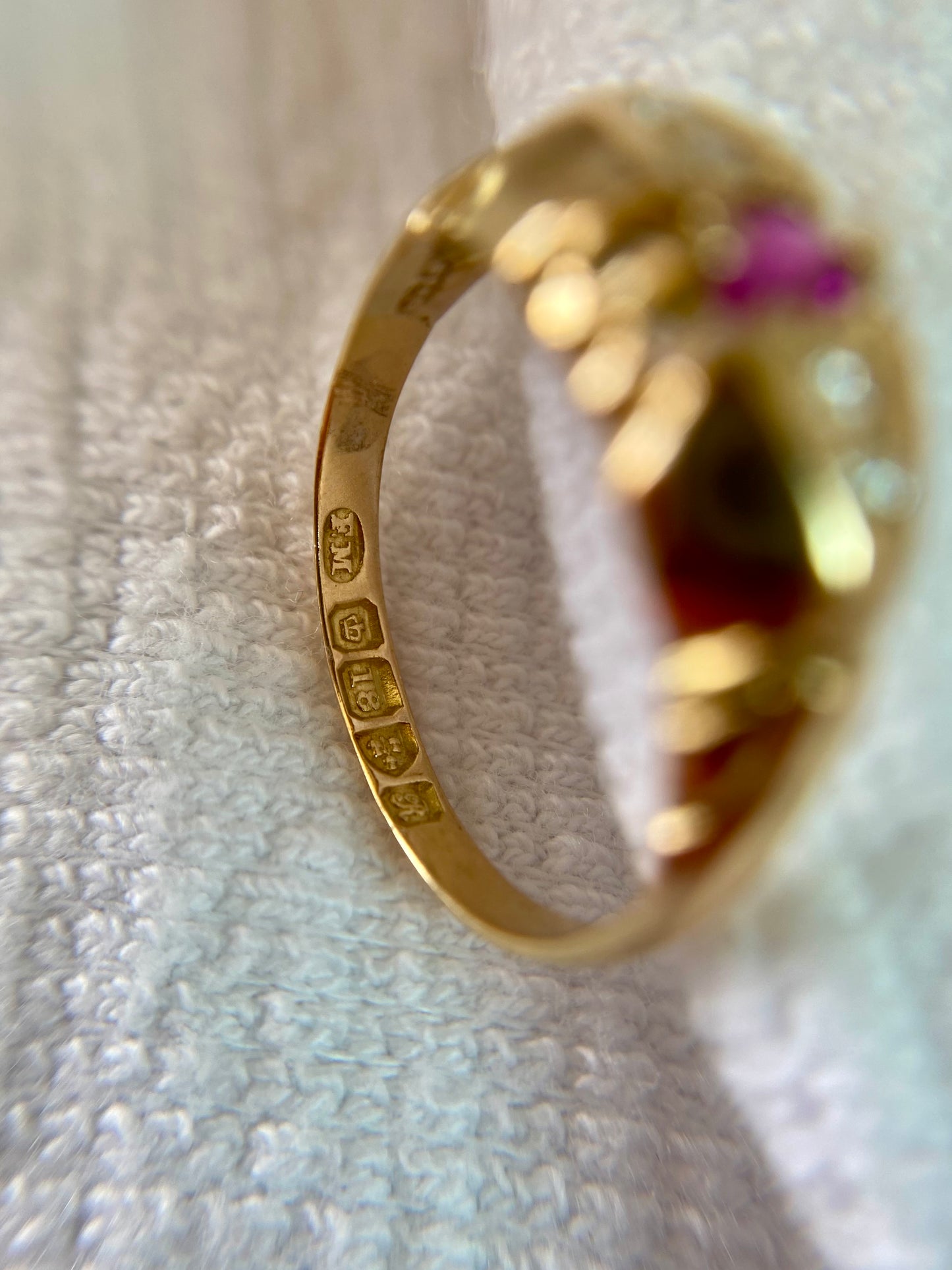 Antique 18ct Gold Pink Topaz + Diamond Boat Ring