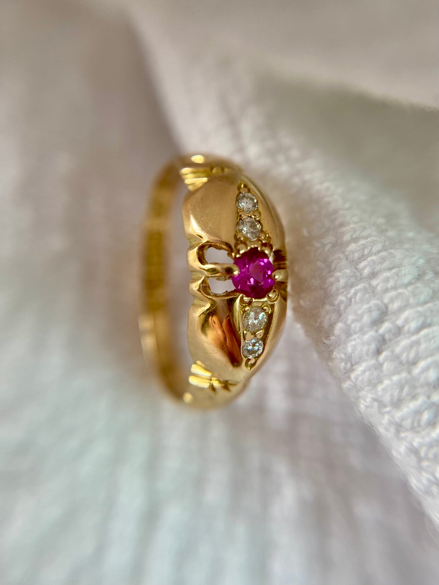 Antique 18ct Gold Pink Topaz + Diamond Boat Ring