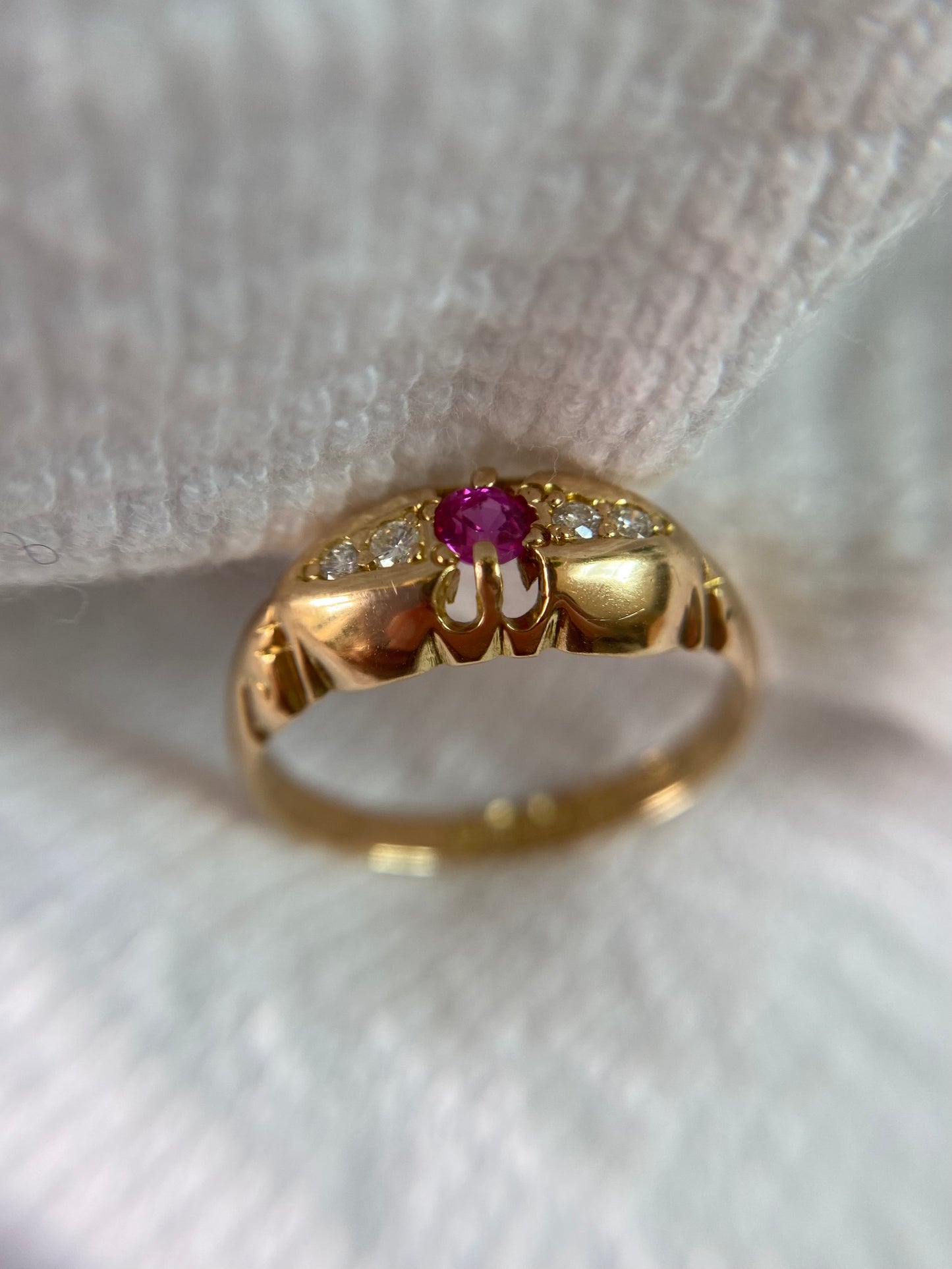 Antique 18ct Gold Pink Topaz + Diamond Boat Ring