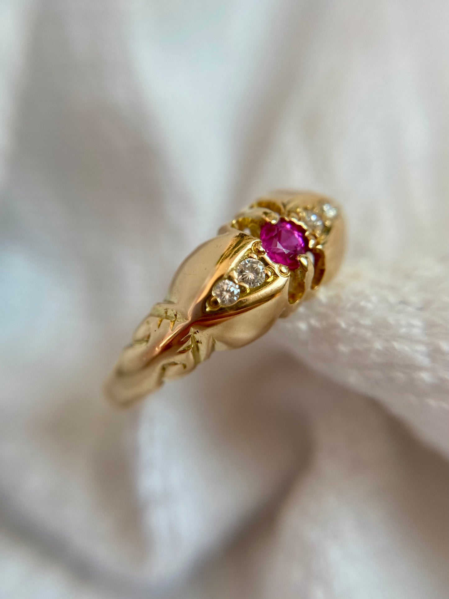 Antique 18ct Gold Pink Topaz + Diamond Boat Ring