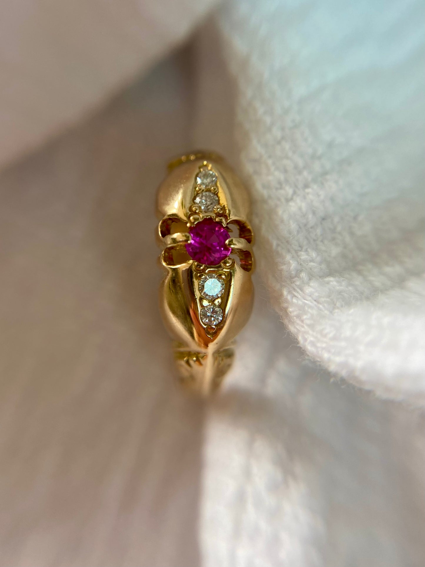 Antique 18ct Gold Pink Topaz + Diamond Boat Ring