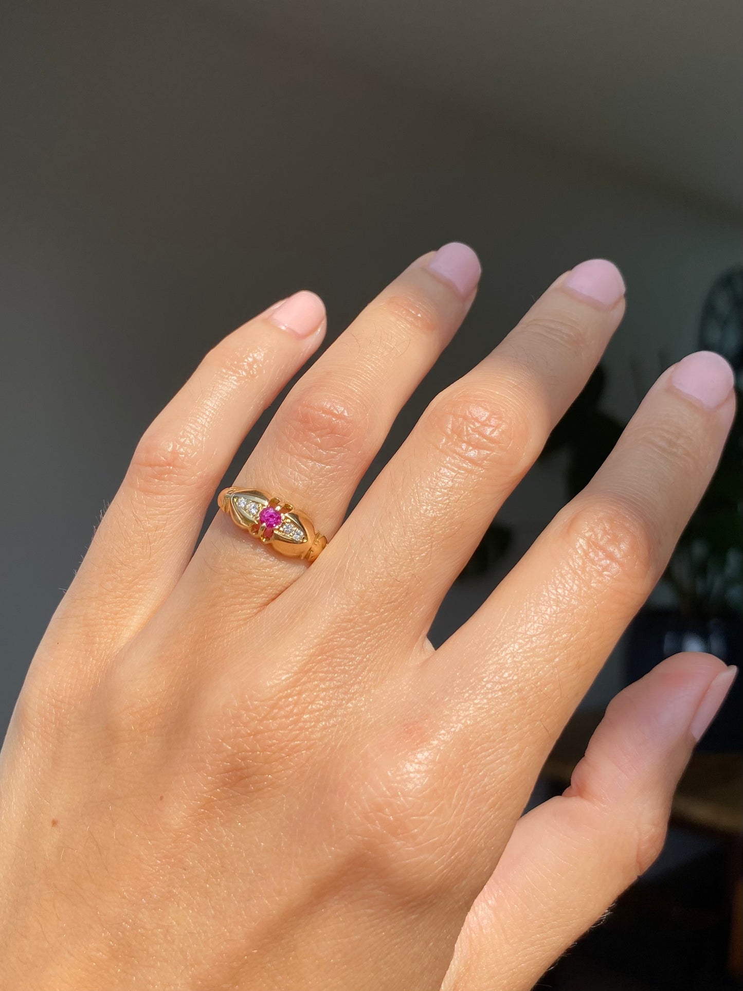 Antique 18ct Gold Pink Topaz + Diamond Boat Ring
