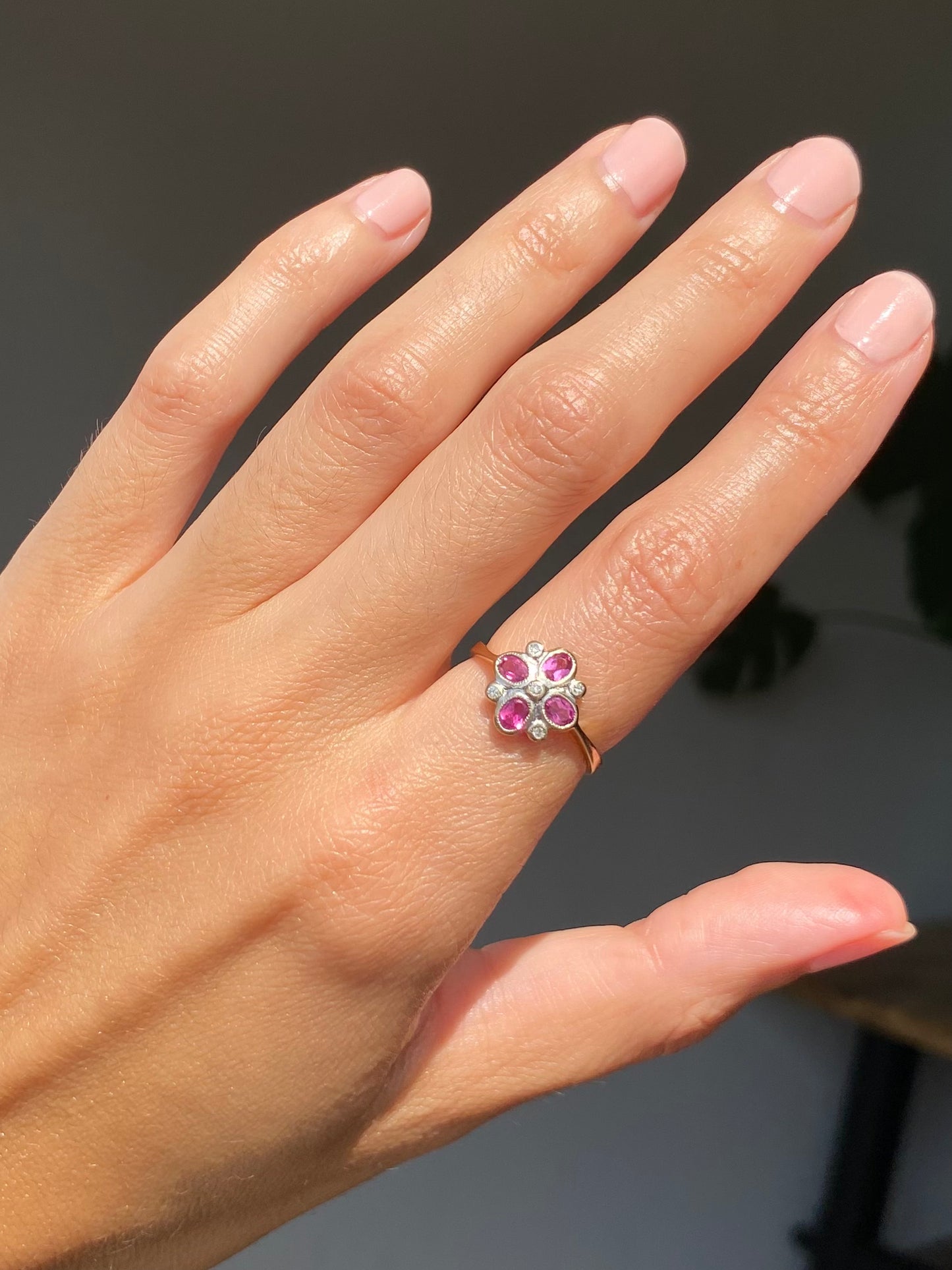 Vintage 9ct Gold Tourmaline + Diamond Flower Ring