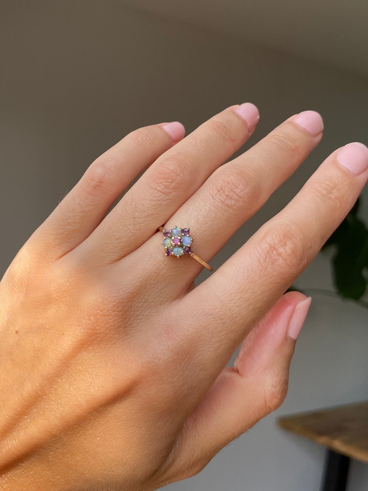 Vintage 9ct Gold Ruby & Opal Flower Ring
