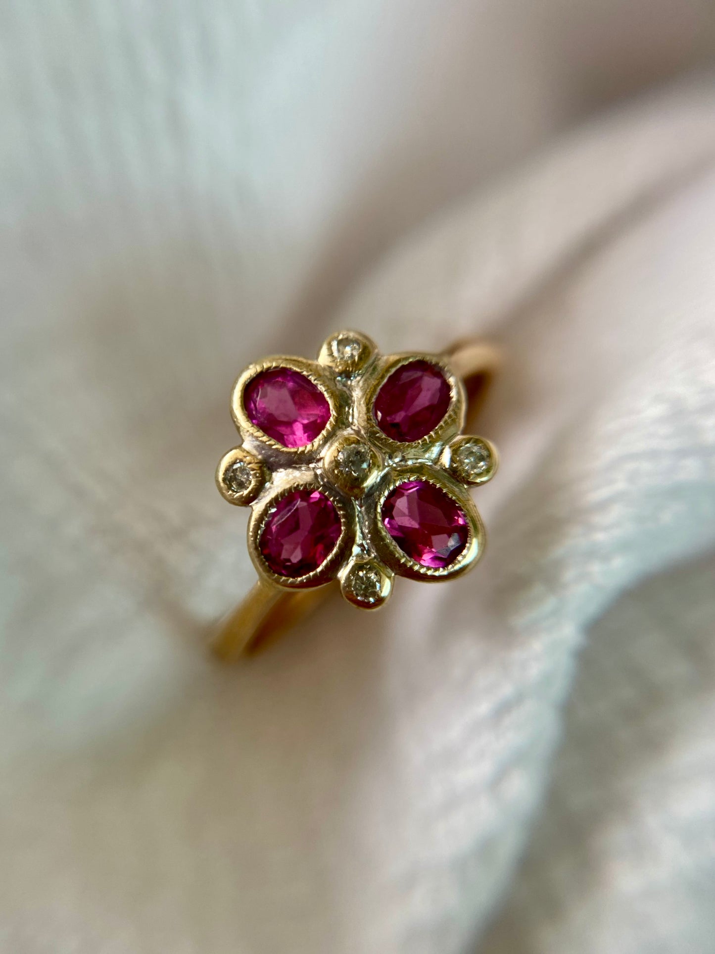 Vintage 9ct Gold Tourmaline + Diamond Flower Ring