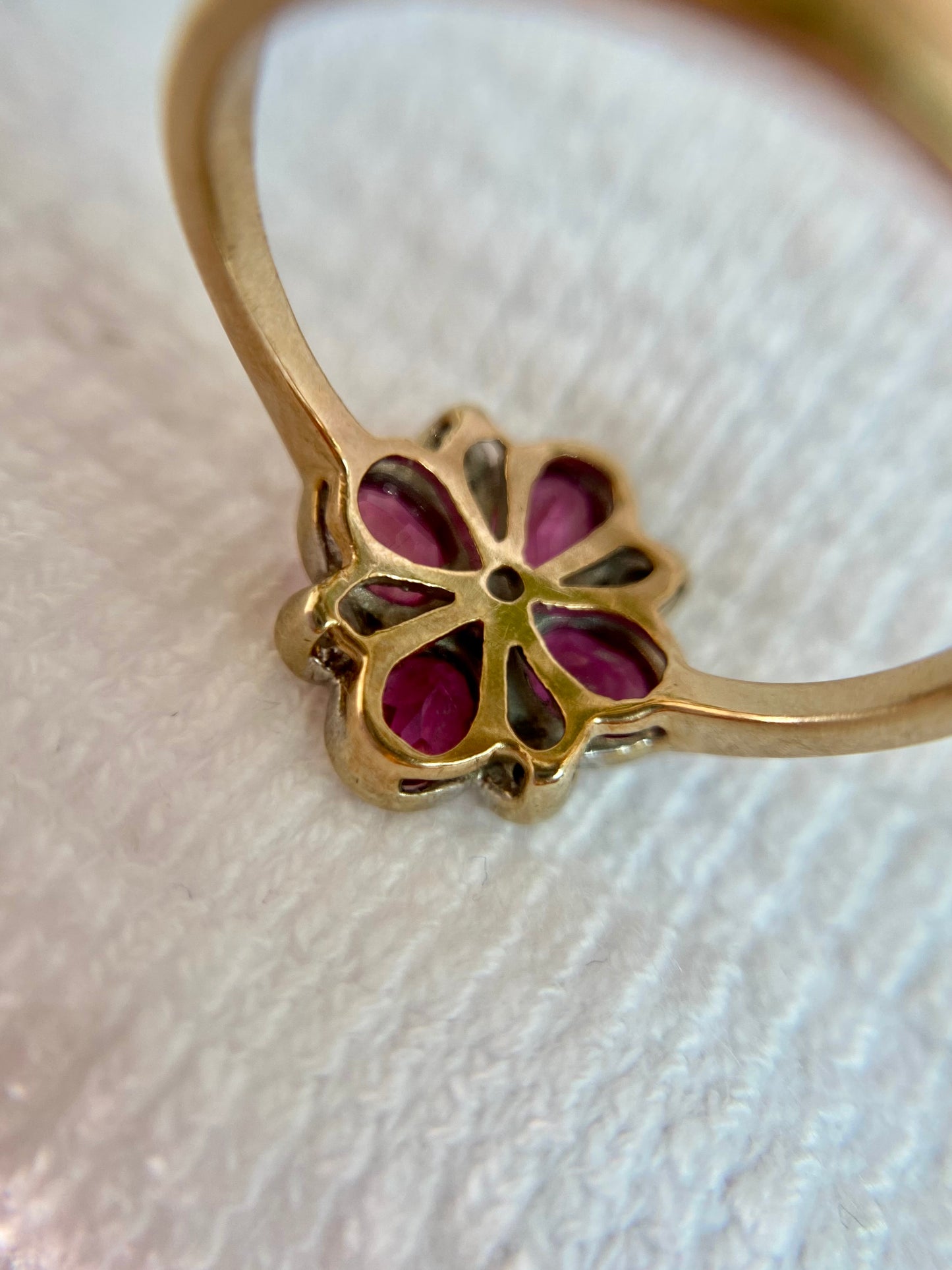 Vintage 9ct Gold Tourmaline + Diamond Flower Ring