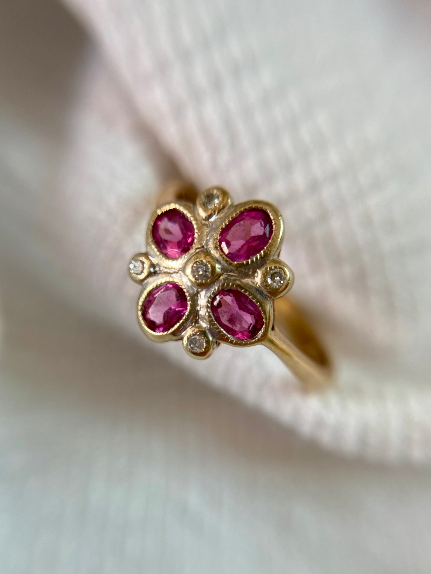 Vintage 9ct Gold Tourmaline + Diamond Flower Ring
