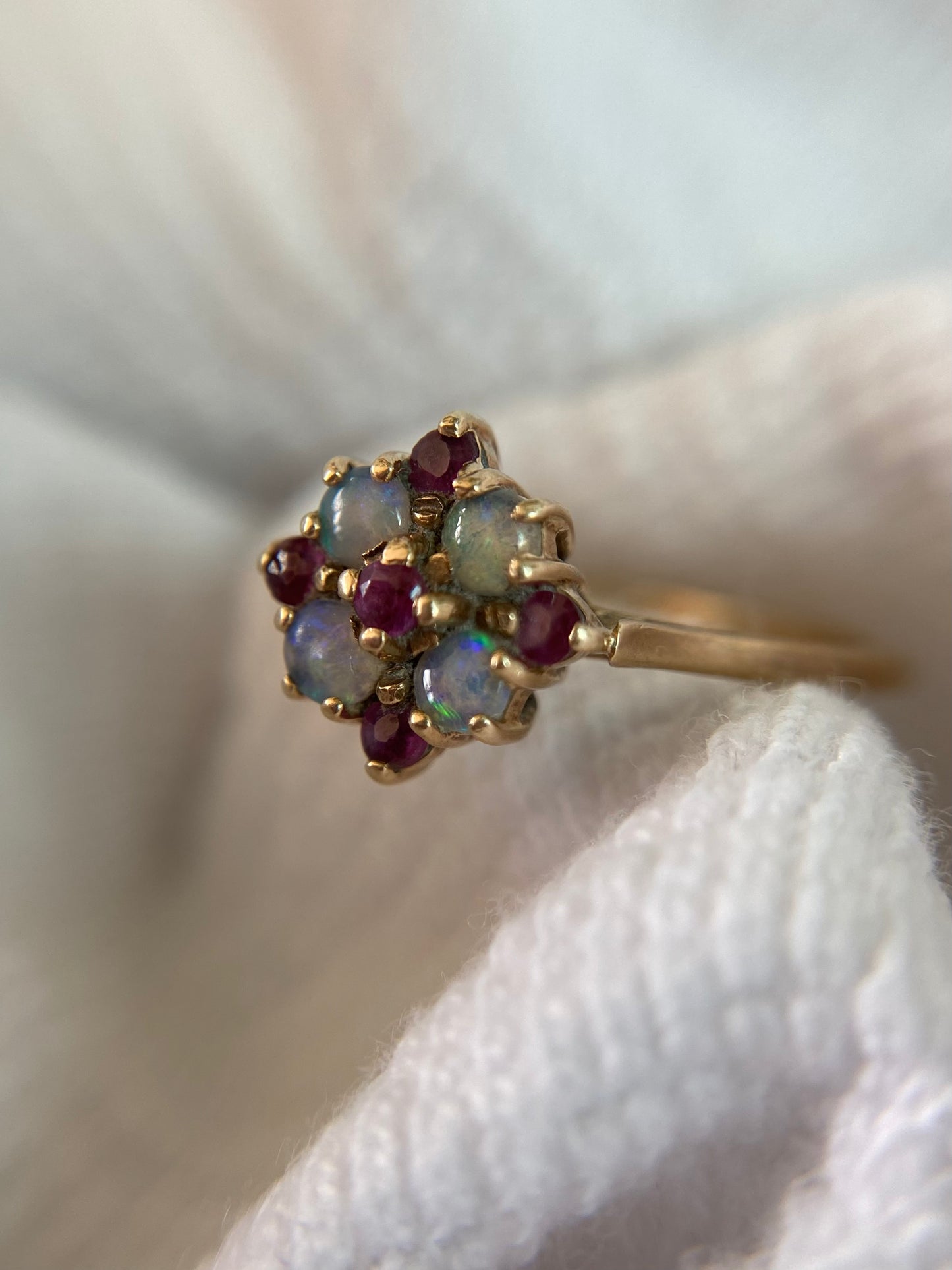 Vintage 9ct Gold Ruby & Opal Flower Ring