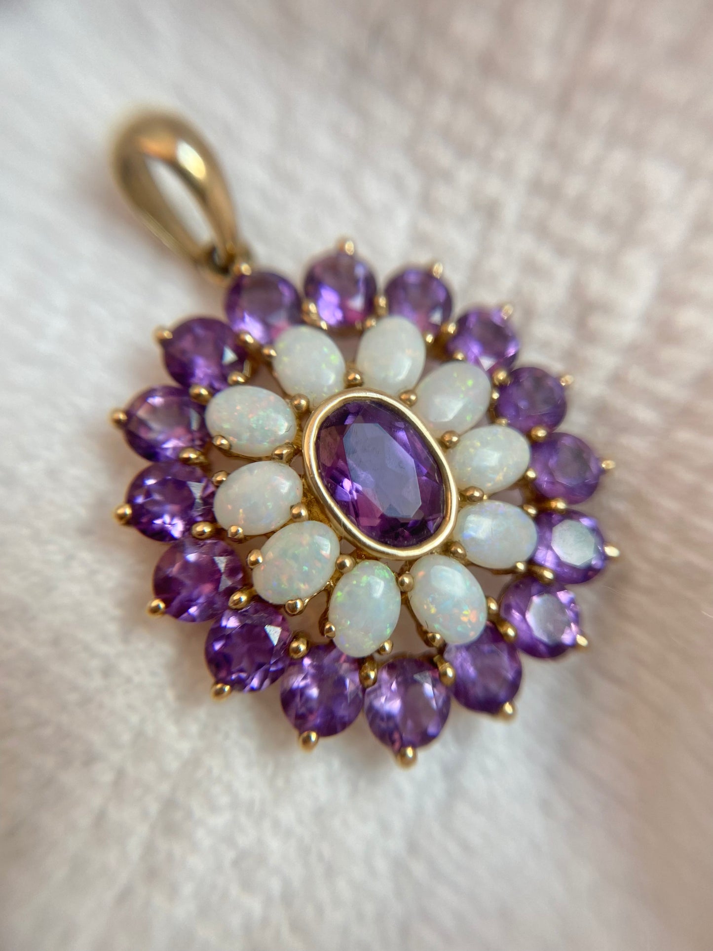 Vintage 9ct Gold Amethyst + Opal Flower Pendant