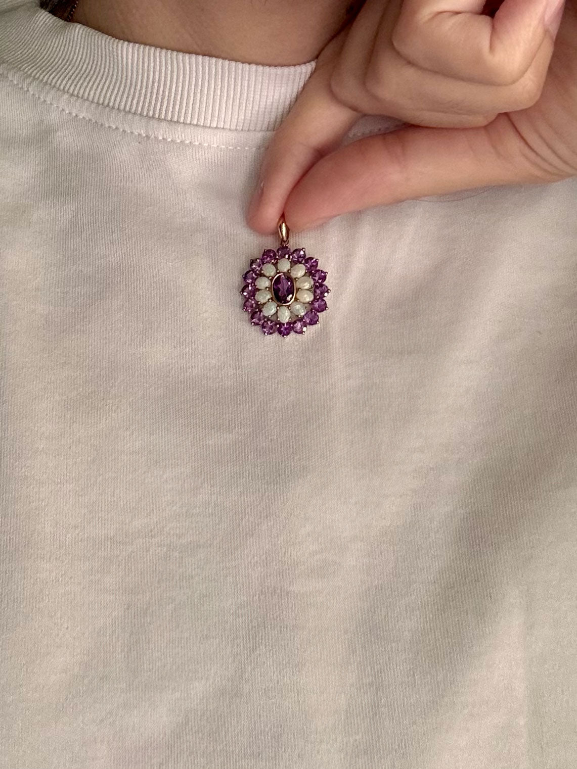 Vintage 9ct Gold Amethyst + Opal Flower Pendant