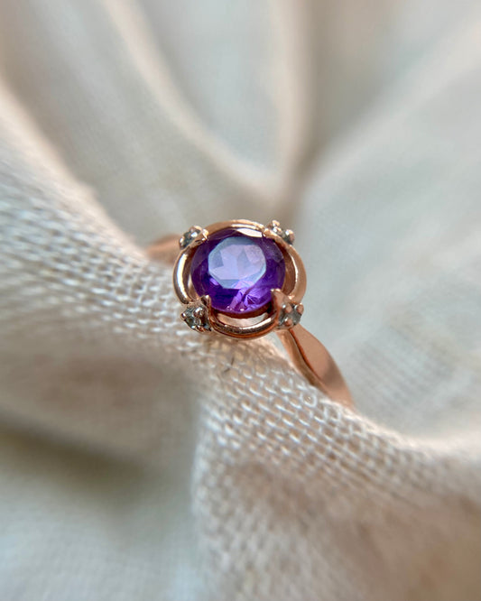 Vintage 9ct Rose Gold Amethyst + Diamond Ring