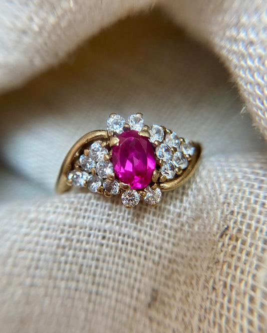 Vintage 9ct Gold Ruby & CZ Ring