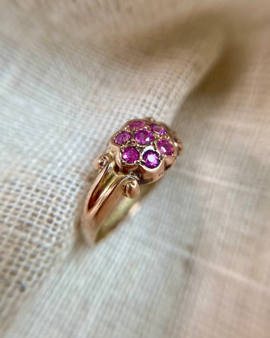 Antique 9ct Rose Gold Ruby Flower Ring