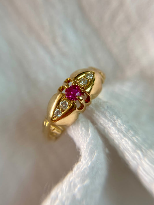 Antique 18ct Gold Pink Topaz + Diamond Boat Ring
