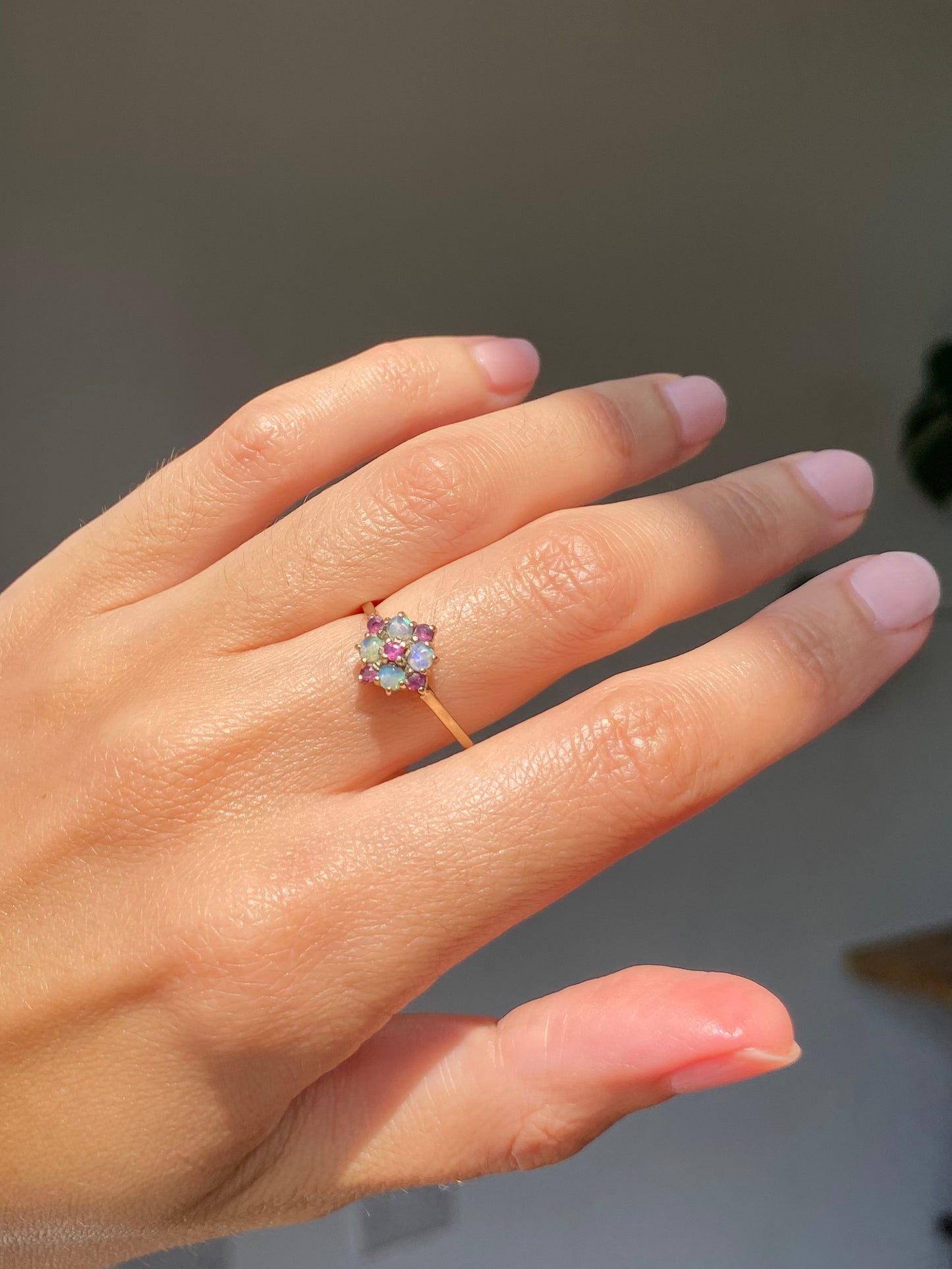 Vintage 9ct Gold Ruby & Opal Flower Ring