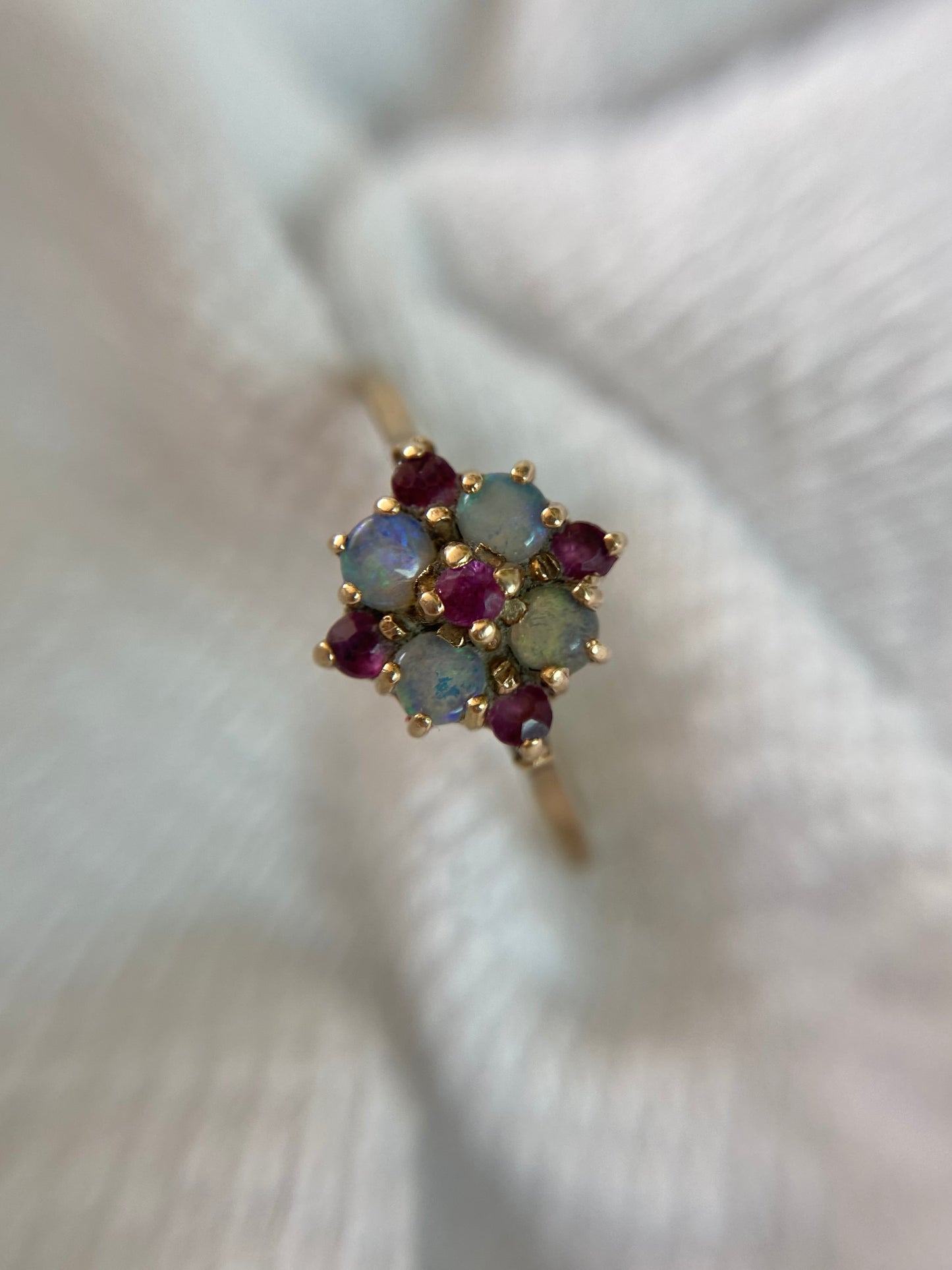 Vintage 9ct Gold Ruby & Opal Flower Ring