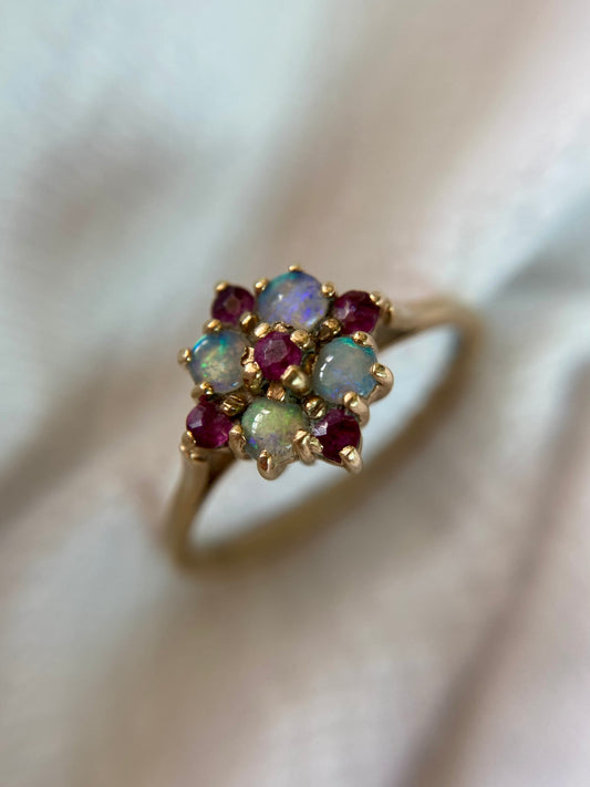 Vintage 9ct Gold Ruby & Opal Flower Ring