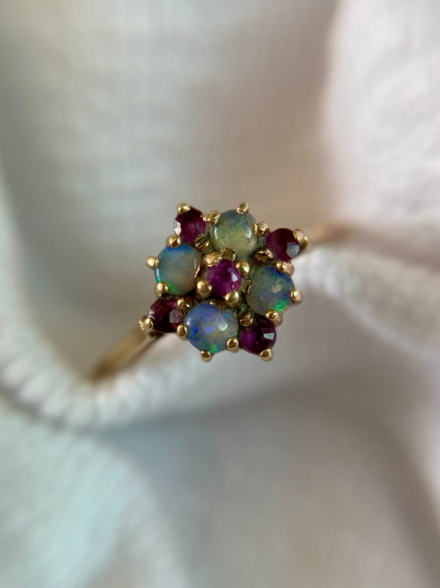 Vintage 9ct Gold Ruby & Opal Flower Ring