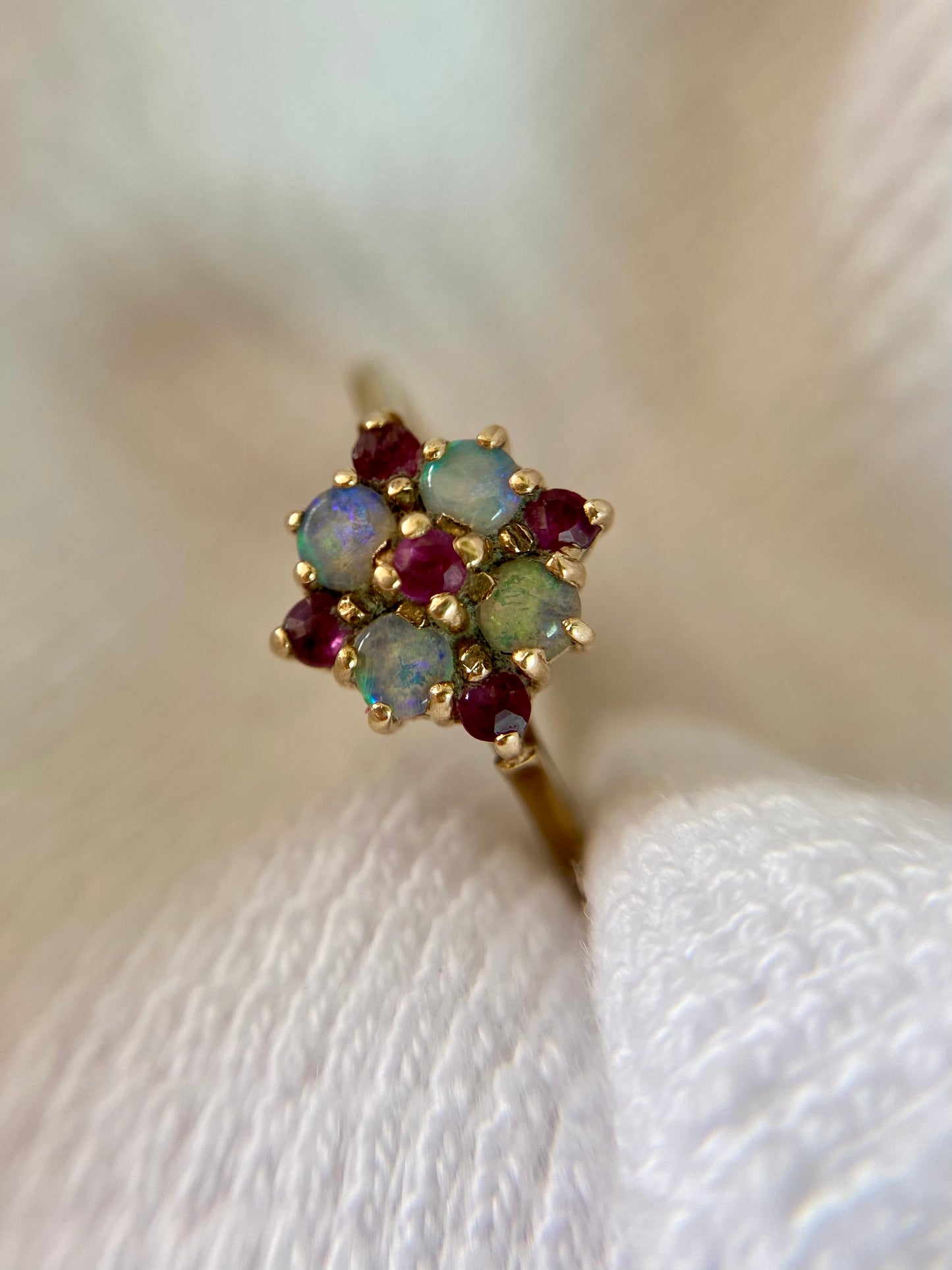 Vintage 9ct Gold Ruby & Opal Flower Ring