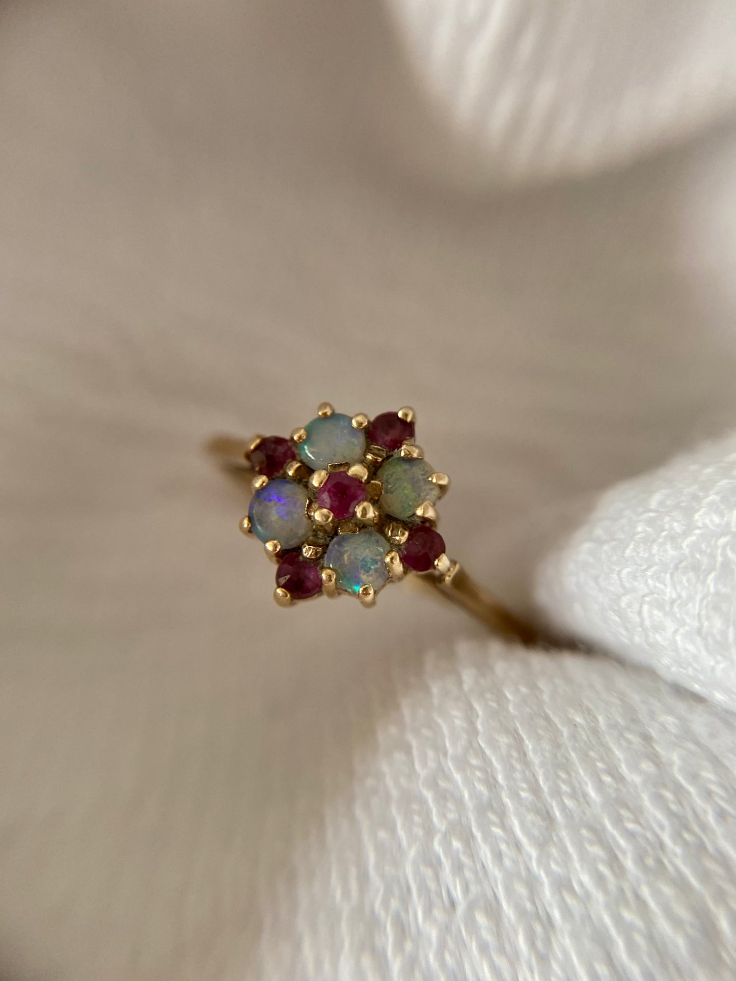 Vintage 9ct Gold Ruby & Opal Flower Ring