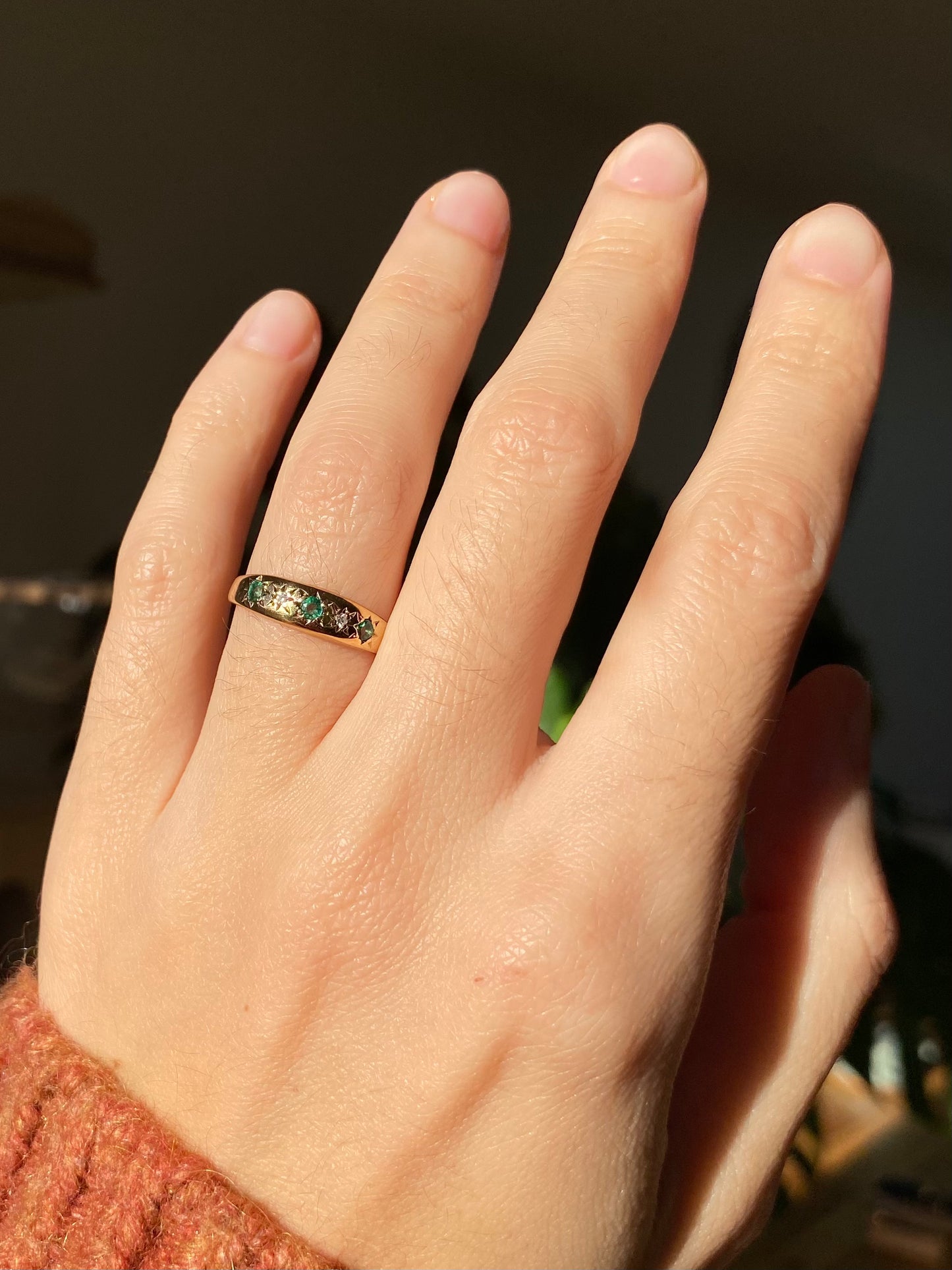 Vintage 9ct Gold Emerald + Diamond Band