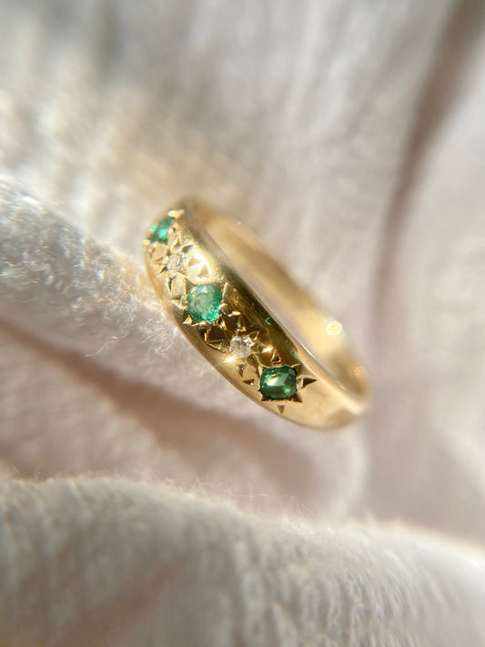 Vintage 9ct Gold Emerald + Diamond Band