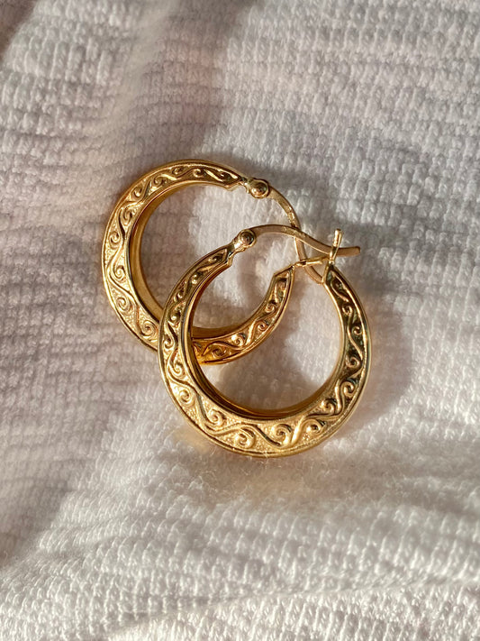Vintage 9ct Gold Patterned Hoop Earrings