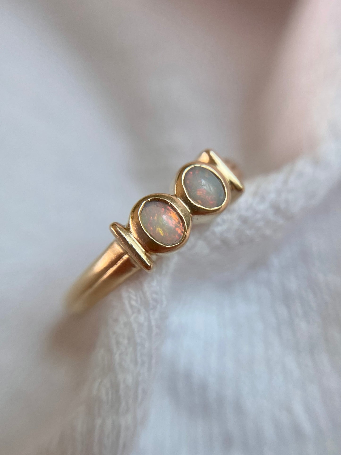 Vintage 9ct Gold Bezel Set Double Opal Ring