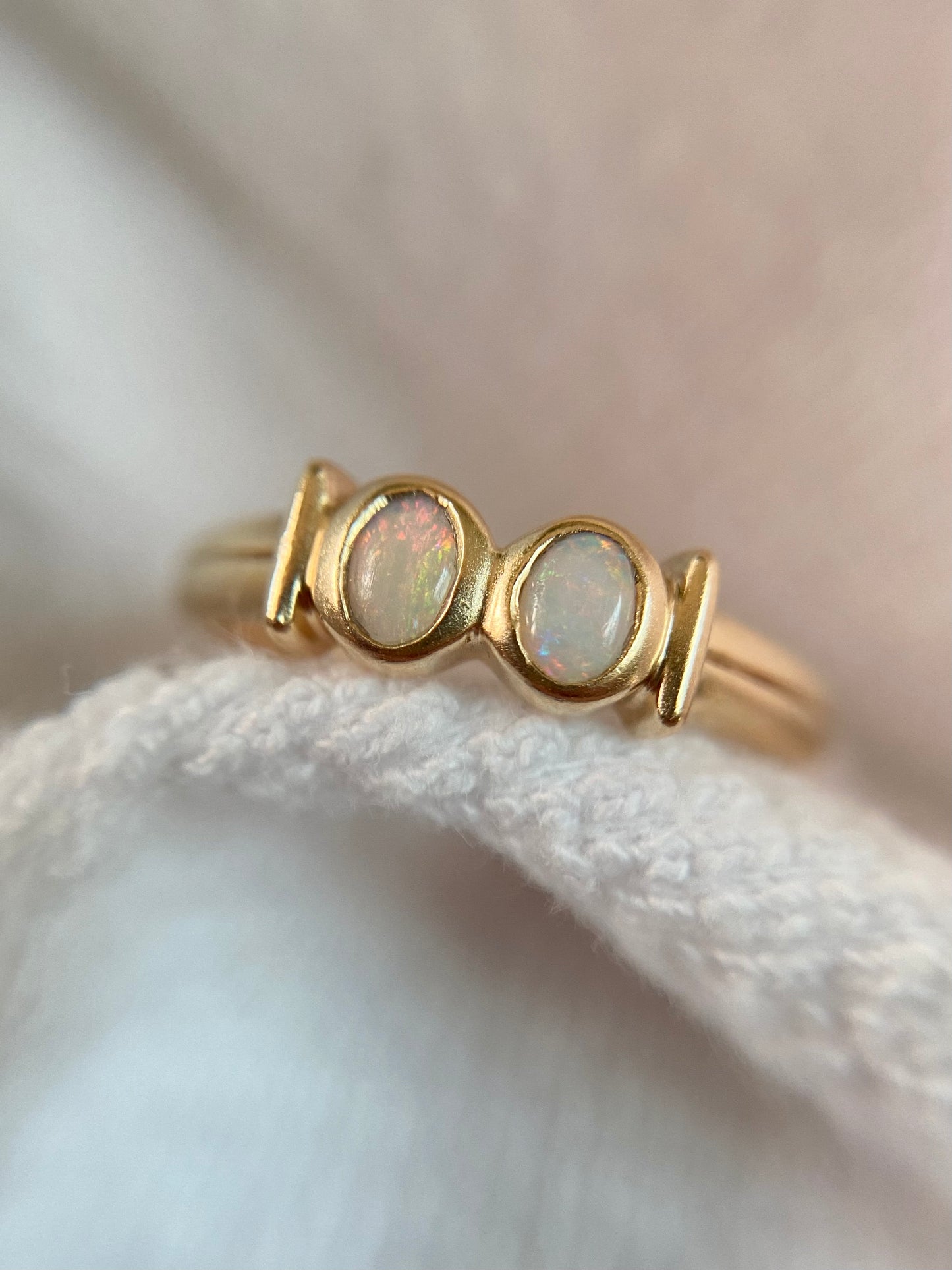 Vintage 9ct Gold Bezel Set Double Opal Ring