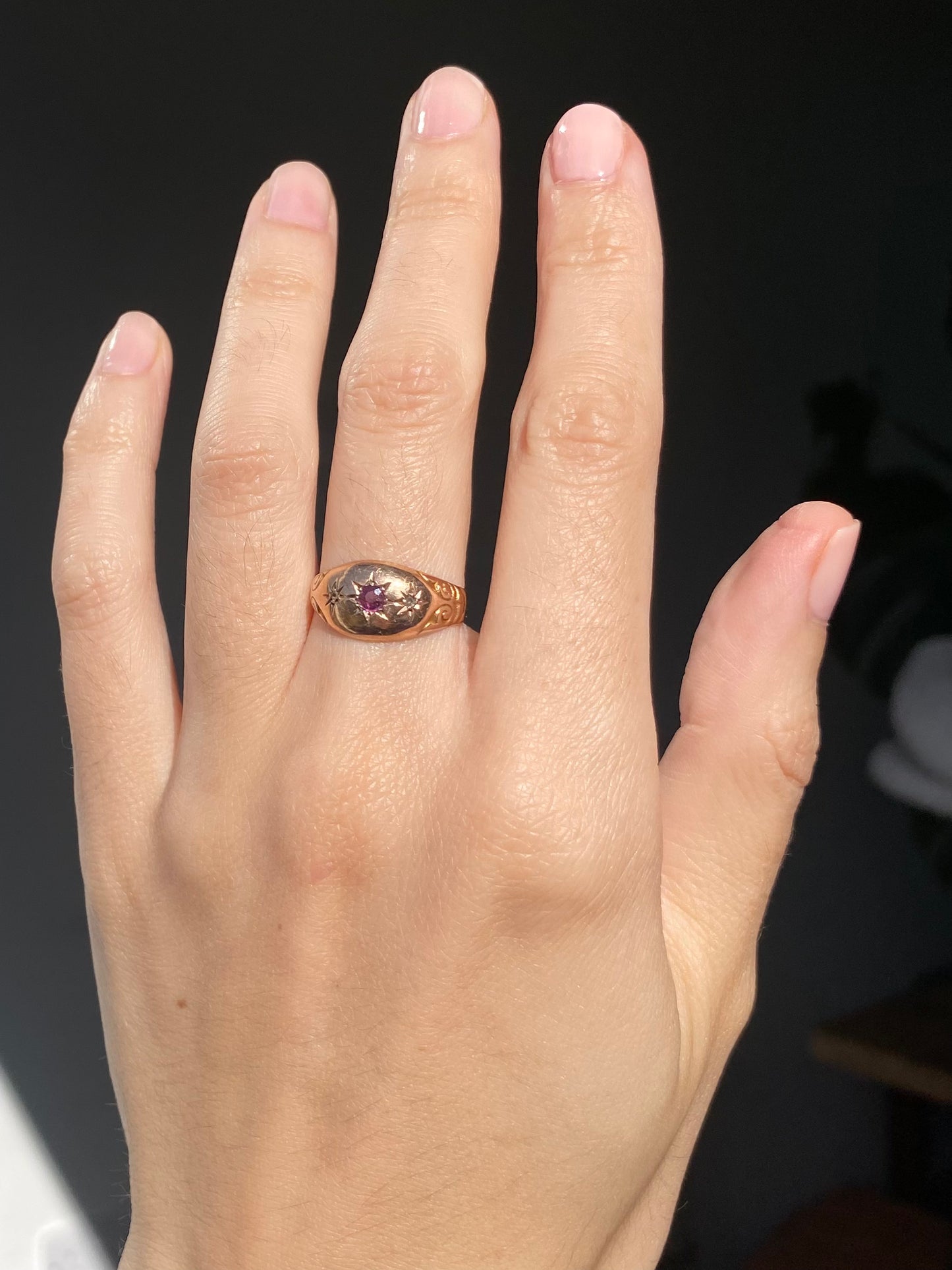 Antique 9ct Gold Garnet + Diamond Starburst Trilogy Ring