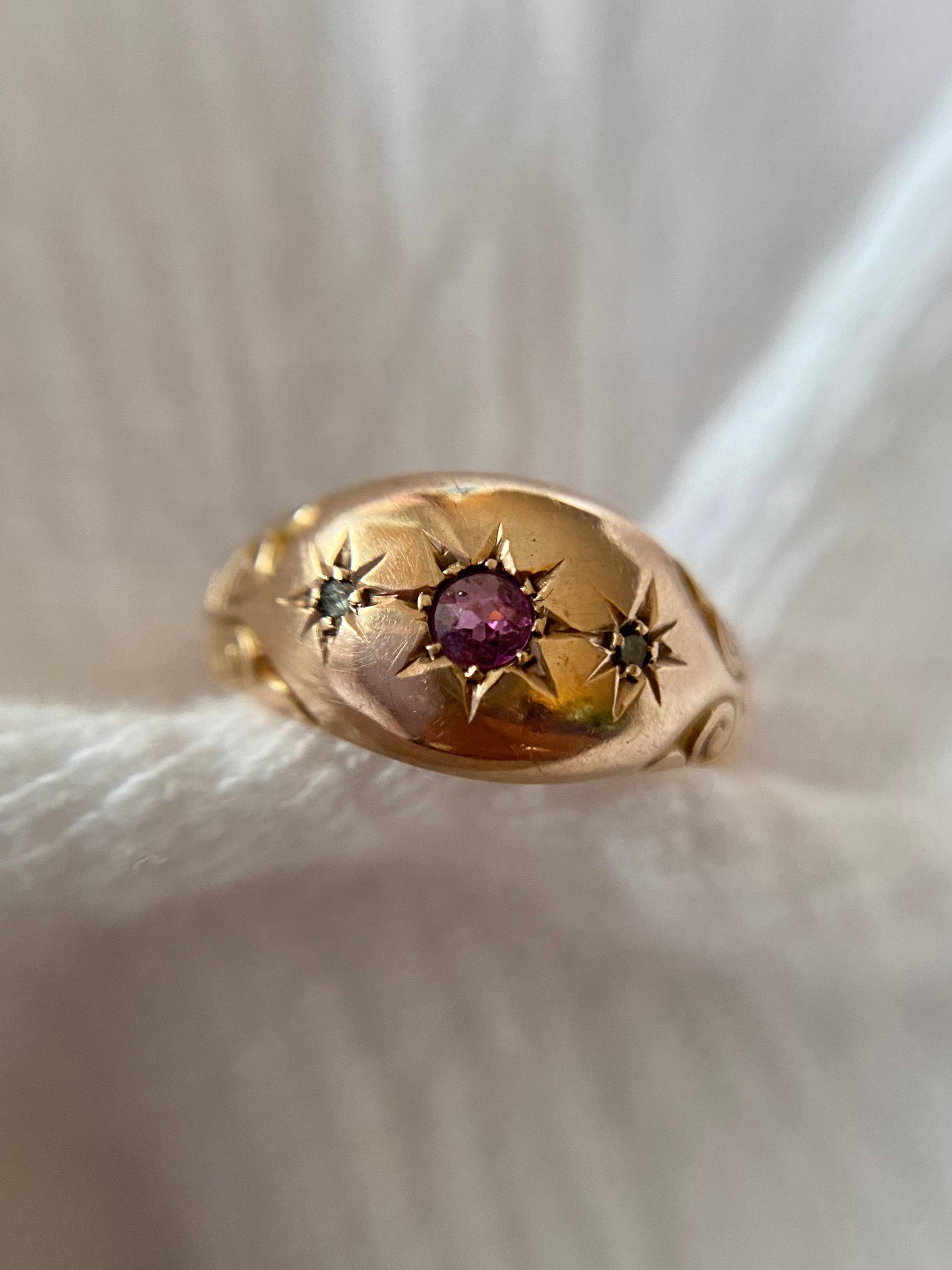 Antique 9ct Gold Garnet + Diamond Starburst Trilogy Ring