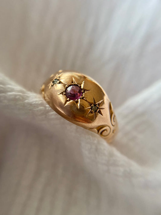 Antique 9ct Gold Garnet + Diamond Starburst Trilogy Ring