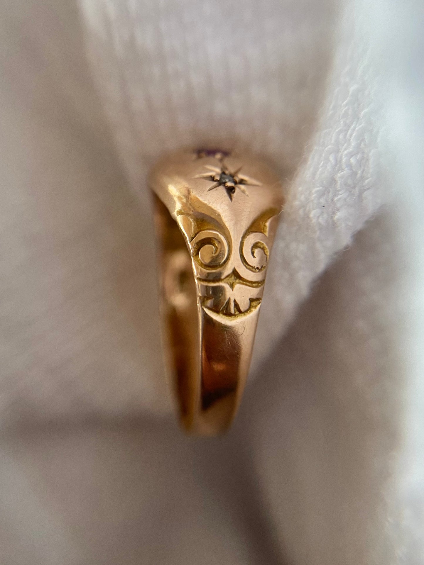 Antique 9ct Gold Garnet + Diamond Starburst Trilogy Ring