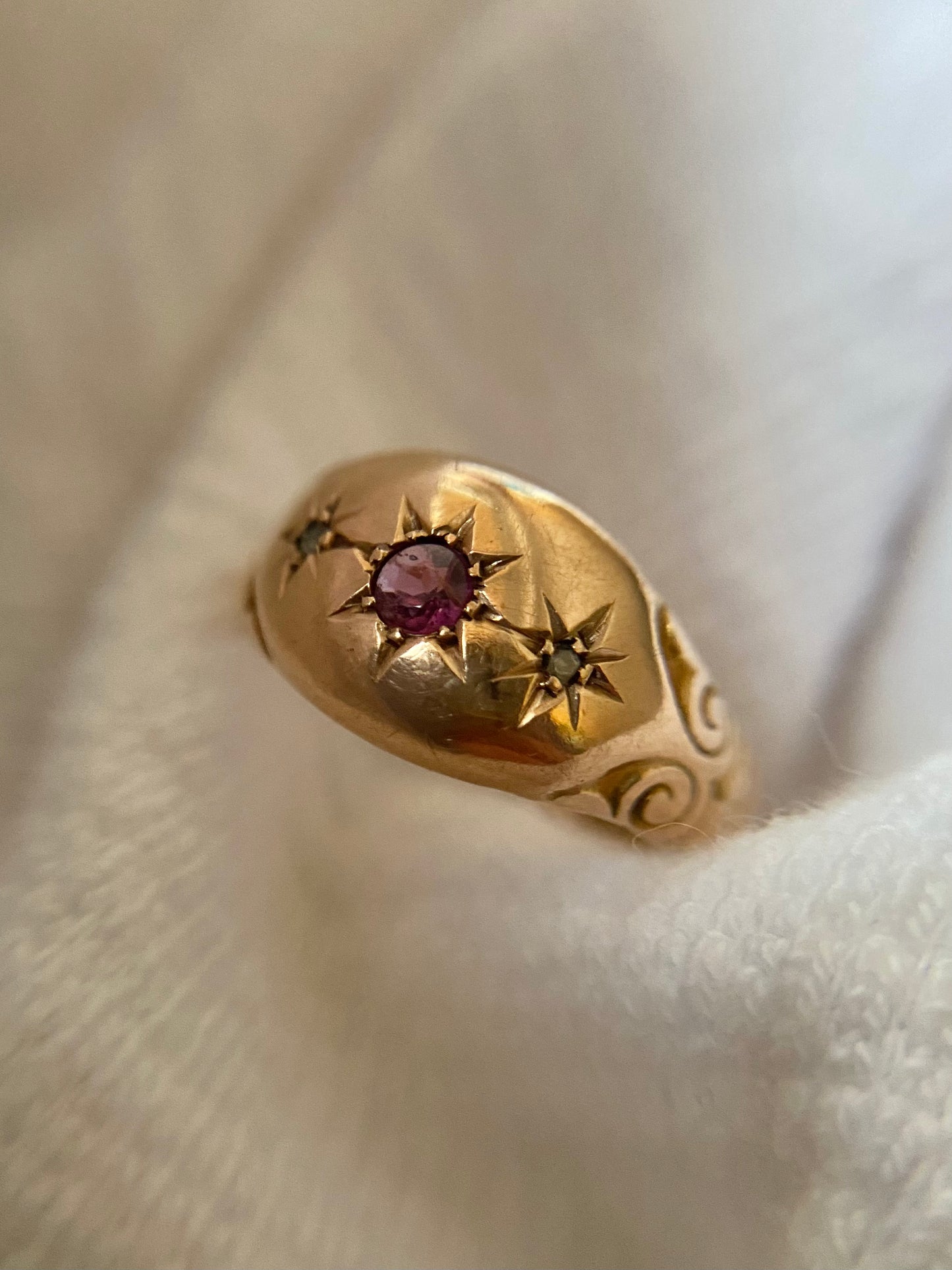 Antique 9ct Gold Garnet + Diamond Starburst Trilogy Ring