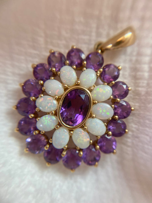Vintage 9ct Gold Amethyst + Opal Flower Pendant