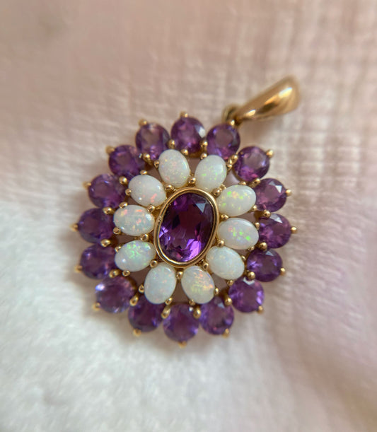 Vintage 9ct Gold Amethyst + Opal Flower Pendant