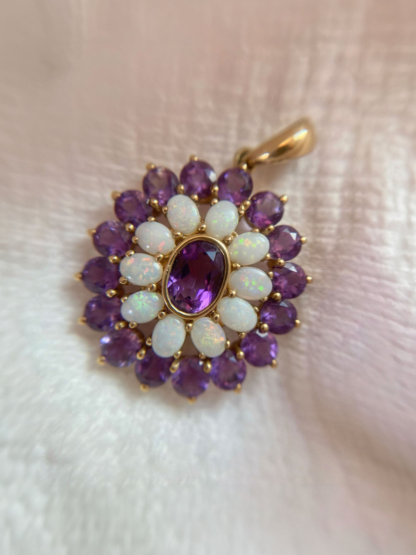 Vintage 9ct Gold Amethyst + Opal Flower Pendant