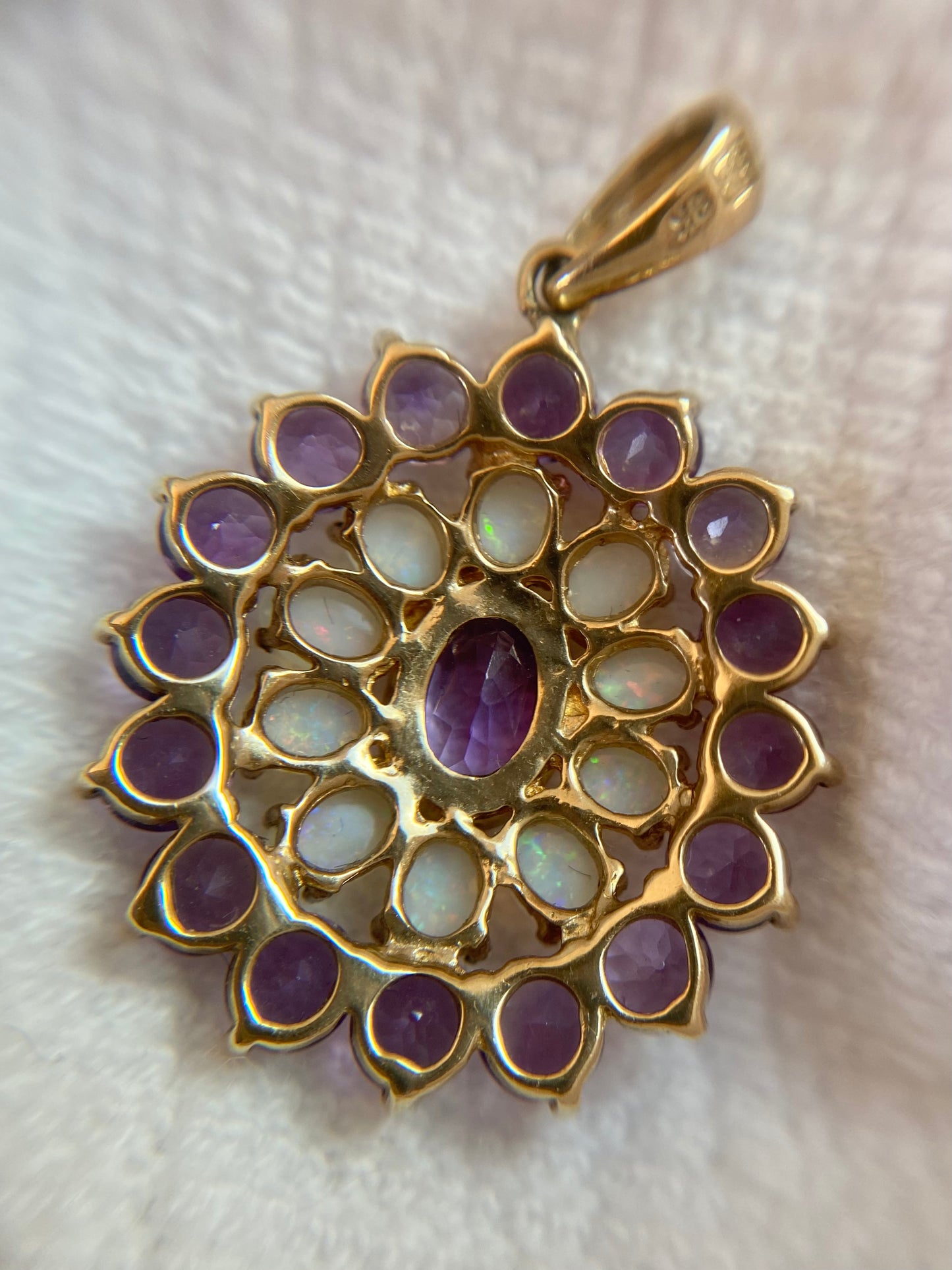 Vintage 9ct Gold Amethyst + Opal Flower Pendant