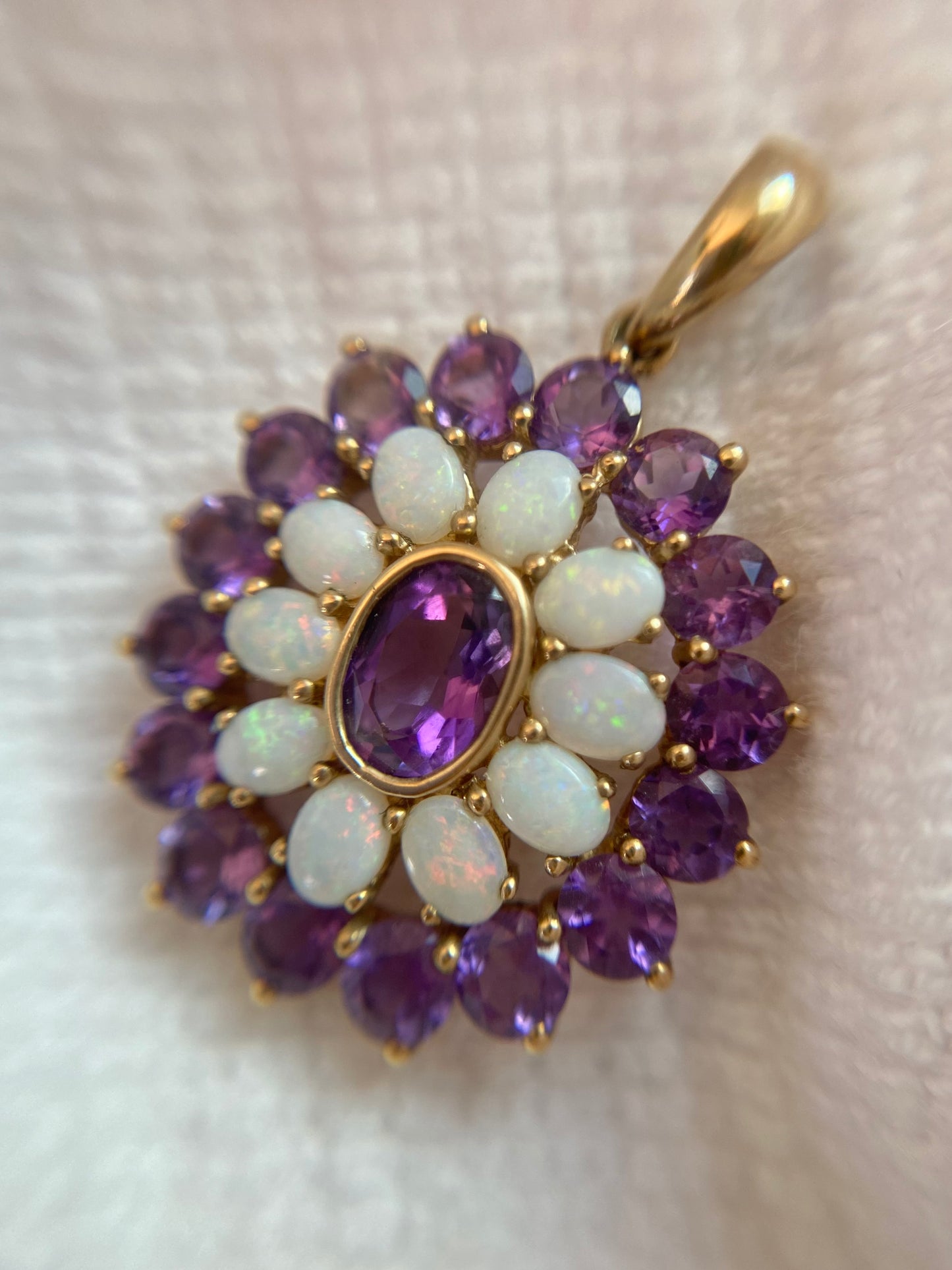 Vintage 9ct Gold Amethyst + Opal Flower Pendant