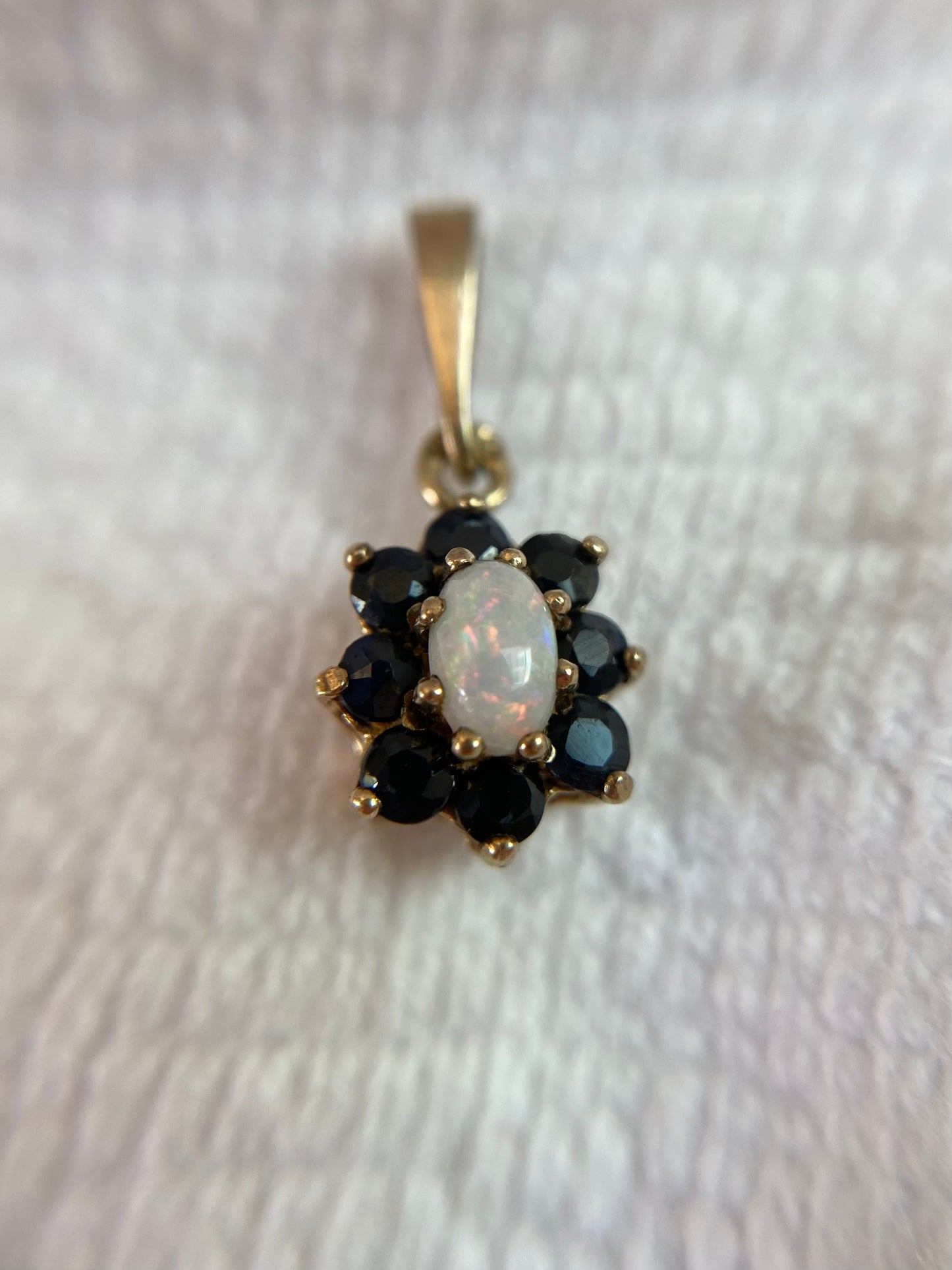 Vintage 9ct Gold Opal + Sapphire Flower Pendant