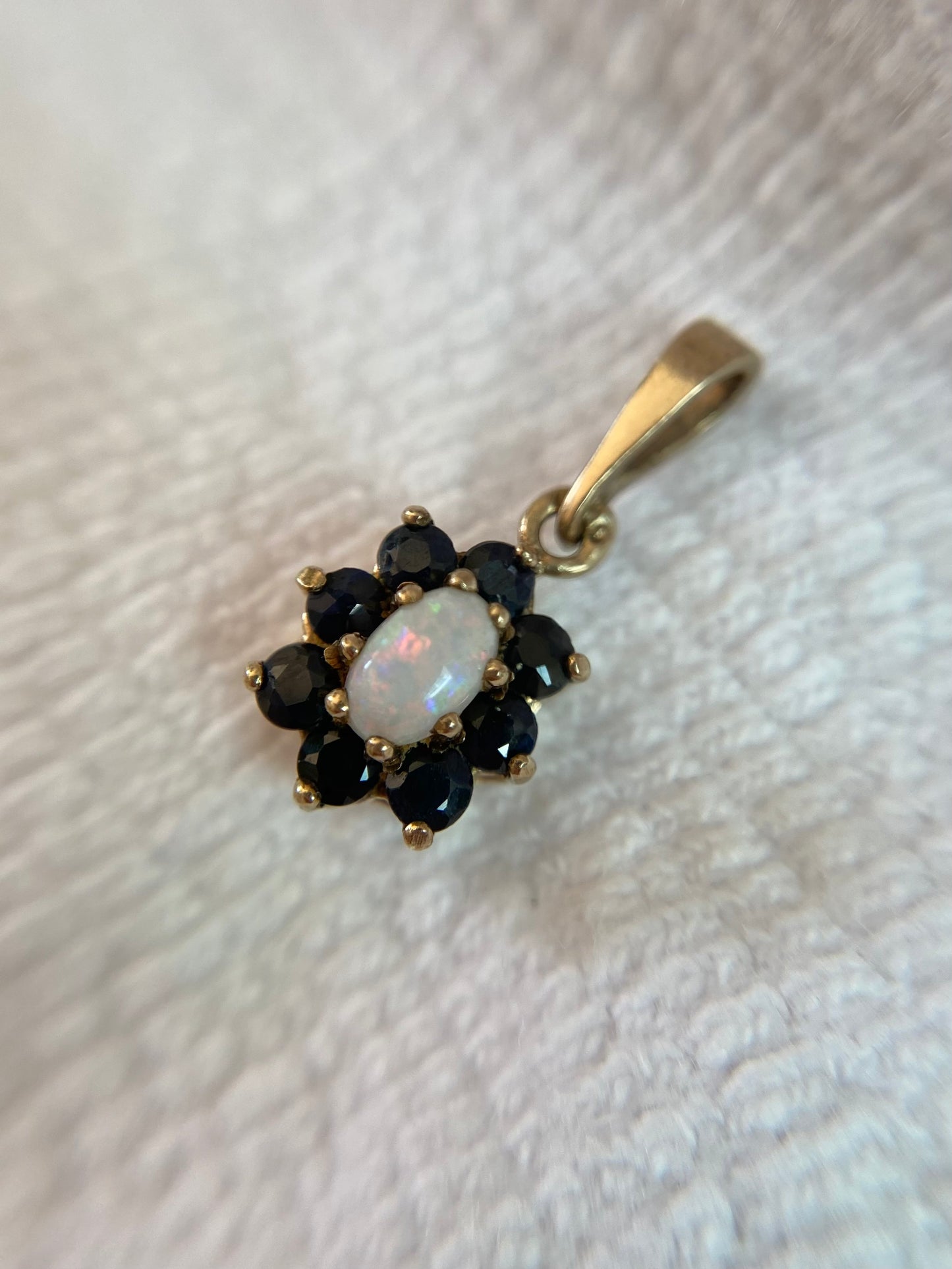 Vintage 9ct Gold Opal + Sapphire Flower Pendant