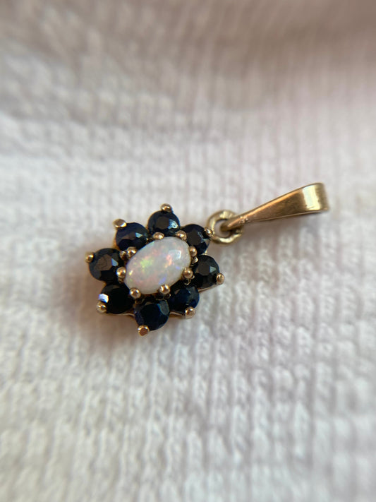 Vintage 9ct Gold Opal + Sapphire Flower Pendant