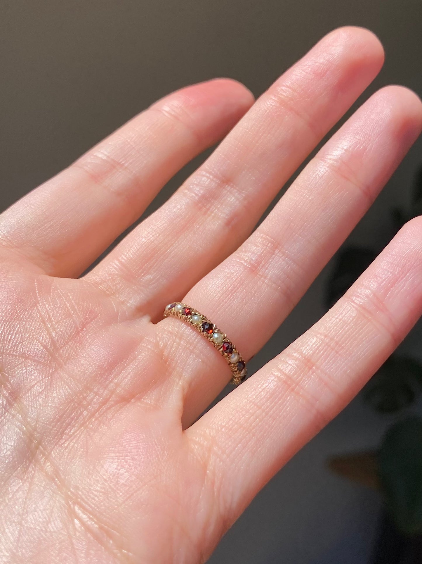 Vintage 9ct Gold Garnet + Pearl Eternity Ring