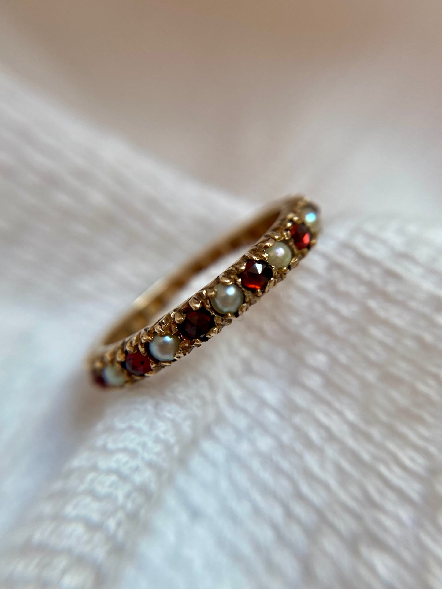 Vintage 9ct Gold Garnet + Pearl Eternity Ring