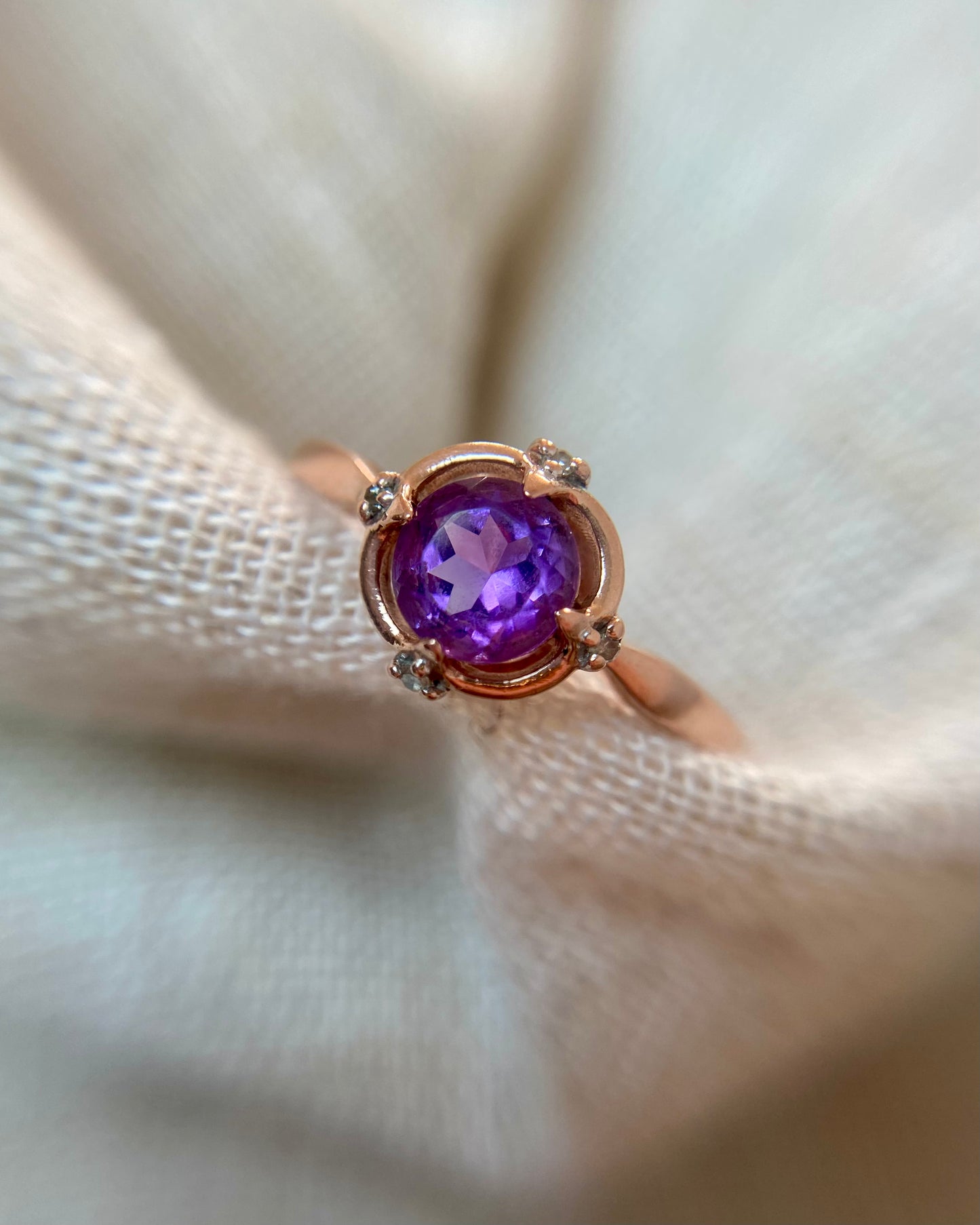 Vintage 9ct Rose Gold Amethyst + Diamond Ring