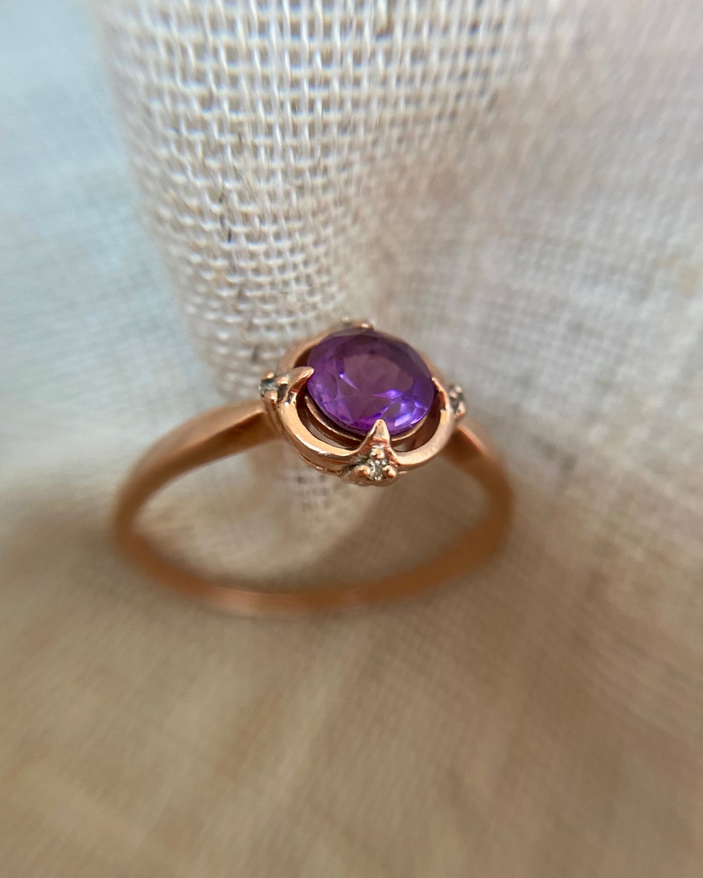 Vintage 9ct Rose Gold Amethyst + Diamond Ring