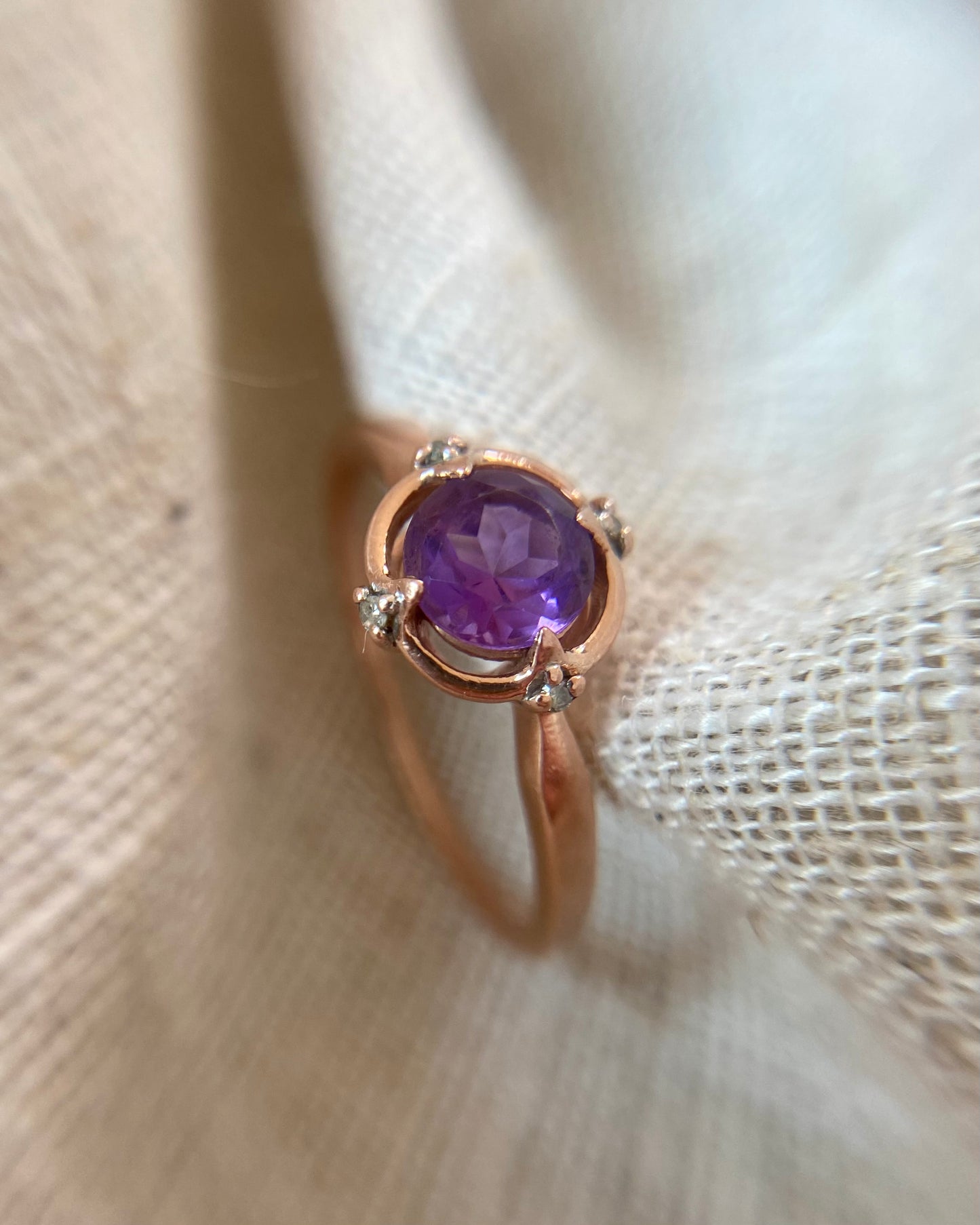 Vintage 9ct Rose Gold Amethyst + Diamond Ring