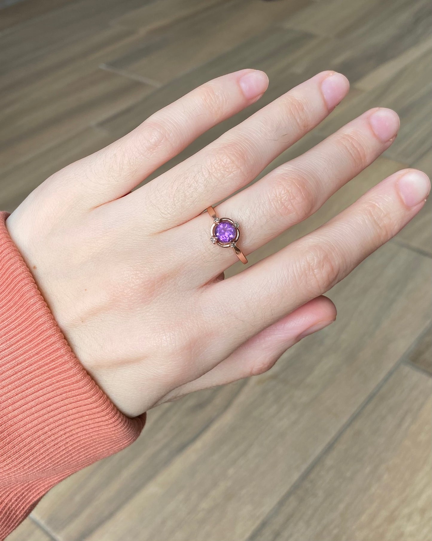 Vintage 9ct Rose Gold Amethyst + Diamond Ring