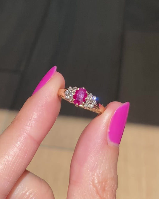 Vintage 9ct Gold Ruby Diamond Ring